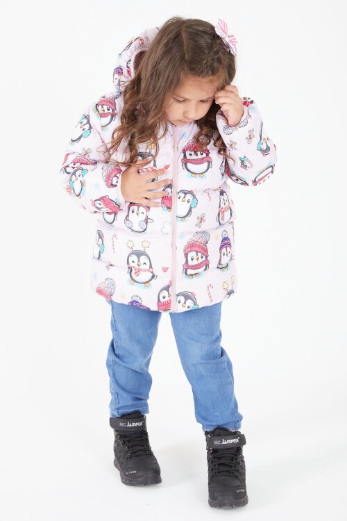 Kız Çocuk Penguen Baskılı Mont Pembe 15603