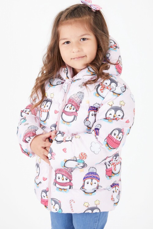 Kız Çocuk Penguen Baskılı Mont Pembe 15603