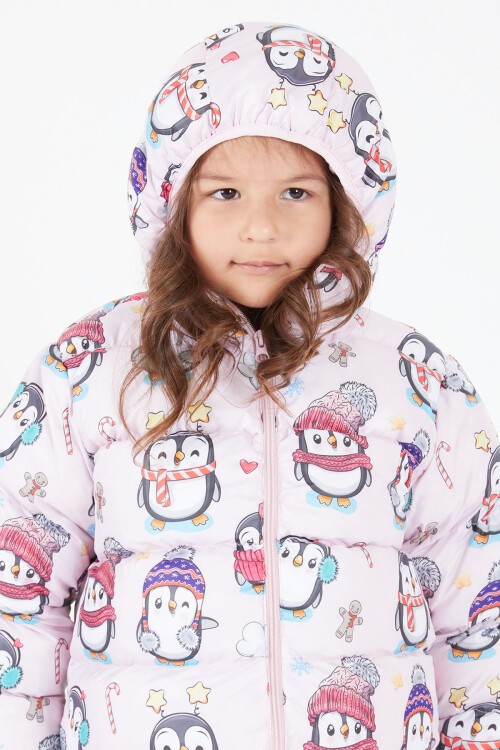 Kız Çocuk Penguen Baskılı Mont Pembe 15603