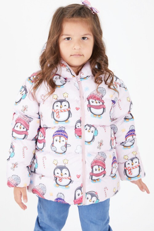 Kız Çocuk Penguen Baskılı Mont Pembe 15603