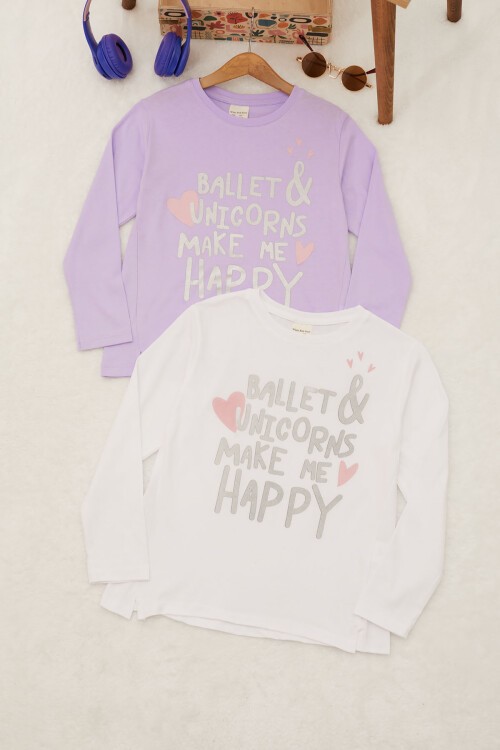 Kız Çocuk Simli Yazı Baskılı 2li Sweatshirt Beyaz-Lila 17338