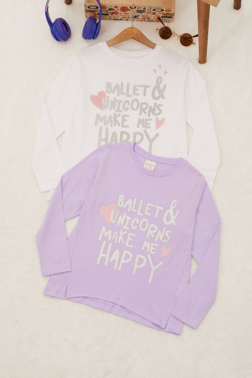 Kız Çocuk Simli Yazı Baskılı 2li Sweatshirt Beyaz-Lila 17338