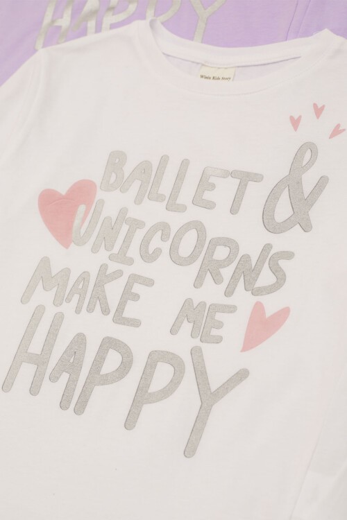 Kız Çocuk Simli Yazı Baskılı 2li Sweatshirt Beyaz-Lila 17338