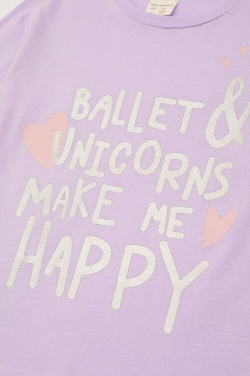 Kız Çocuk Simli Yazı Baskılı 2li Sweatshirt Beyaz-Lila 17338