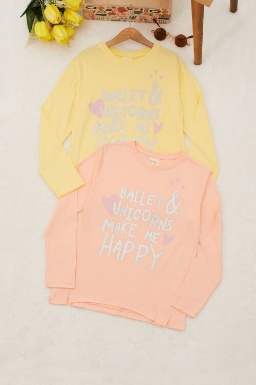 Kız Çocuk Simli Yazı Baskılı 2li Sweatshirt Somon-Sarı 17337
