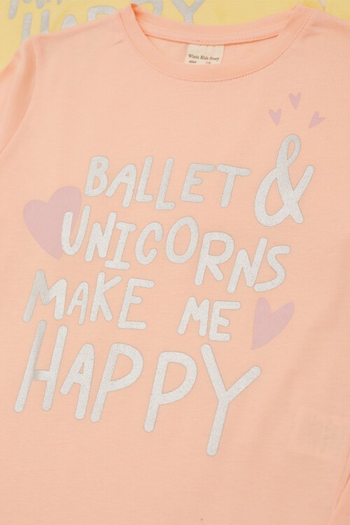 Kız Çocuk Simli Yazı Baskılı 2li Sweatshirt Somon-Sarı 17337