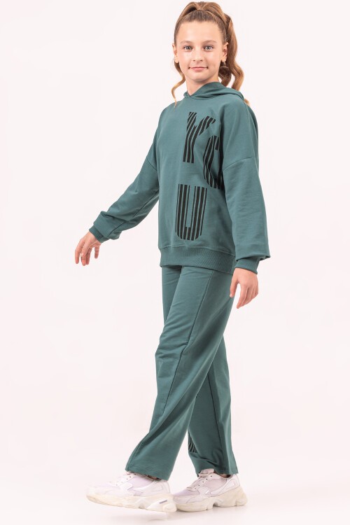 Kız Çocuk Yeşil Kapüşonlu Yazı Baskılı Takım 17186