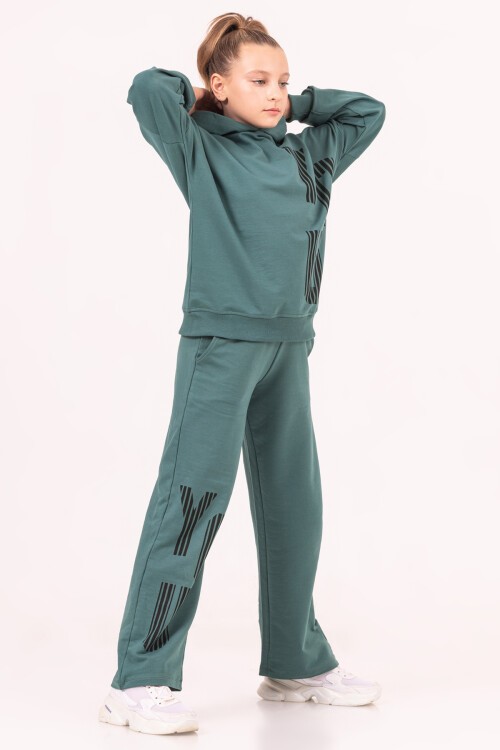 Kız Çocuk Yeşil Kapüşonlu Yazı Baskılı Takım 17186
