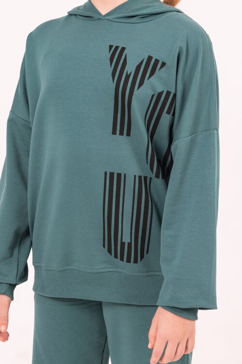 Kız Çocuk Yeşil Kapüşonlu Yazı Baskılı Takım 17186