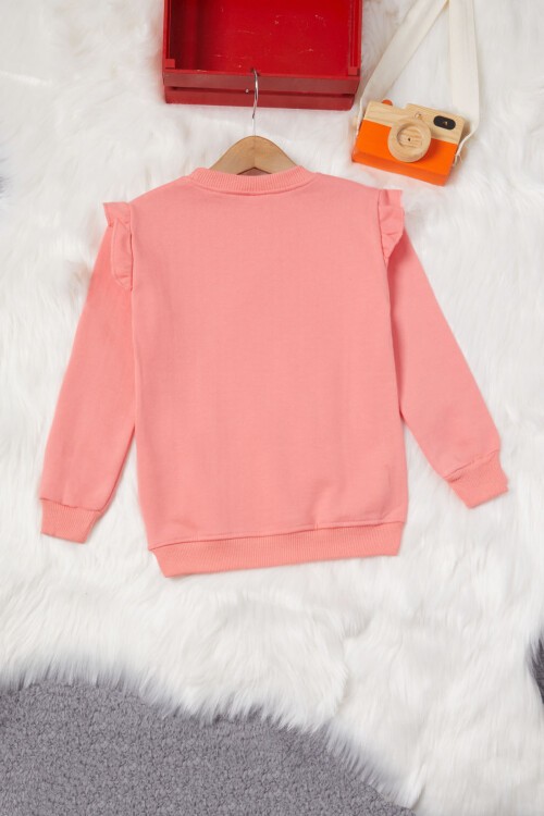 Koyu Pembe Ayıcıklı Kolları Volanlı Kız Çocuk Şardonlu Sweatshirt 16983