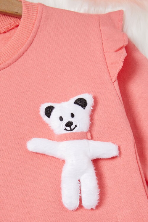 Koyu Pembe Ayıcıklı Kolları Volanlı Kız Çocuk Şardonlu Sweatshirt 16983