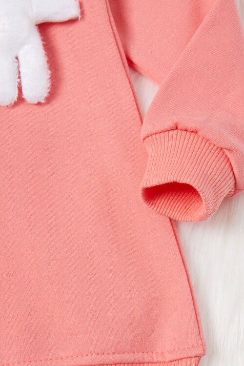 Koyu Pembe Ayıcıklı Kolları Volanlı Kız Çocuk Şardonlu Sweatshirt 16983