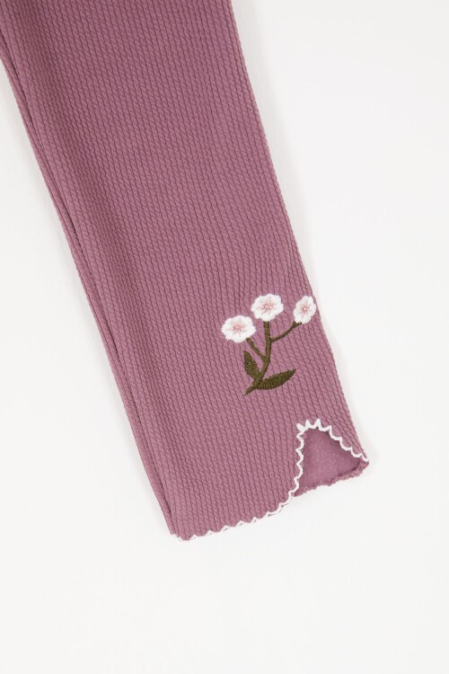 Koyu Pembe Çiçek Nakışlı Fitilli Kız Çocuk Tayt 16993