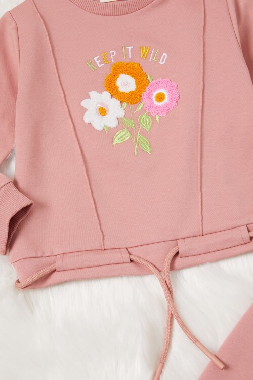 Koyu Pembe Çiçek Nakışlı Kız Bebek Eşofman Takımı 17018