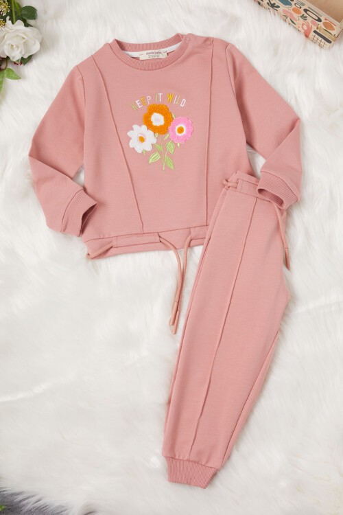 Koyu Pembe Çiçek Nakışlı Kız Bebek Eşofman Takımı 17018