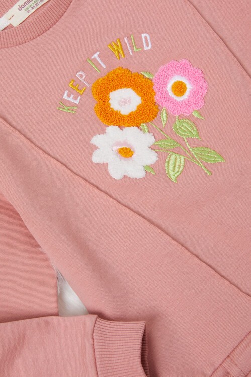 Koyu Pembe Çiçek Nakışlı Kız Bebek Eşofman Takımı 17018