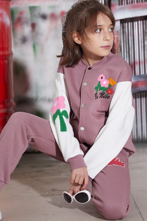Koyu Pembe Çiçekli Kolej Ceketli Kız Çocuk Şardonlu Eşofman Takımı 16823