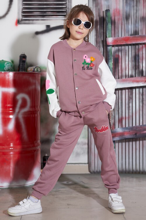 Koyu Pembe Çiçekli Kolej Ceketli Kız Çocuk Şardonlu Eşofman Takımı 16823