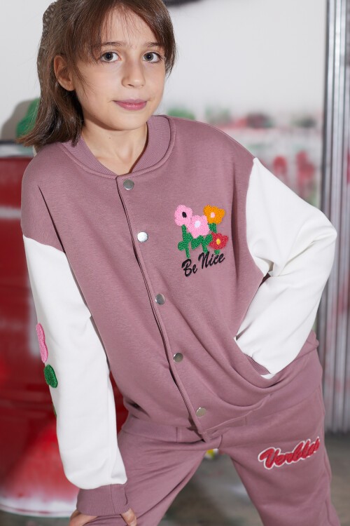 Koyu Pembe Çiçekli Kolej Ceketli Kız Çocuk Şardonlu Eşofman Takımı 16823