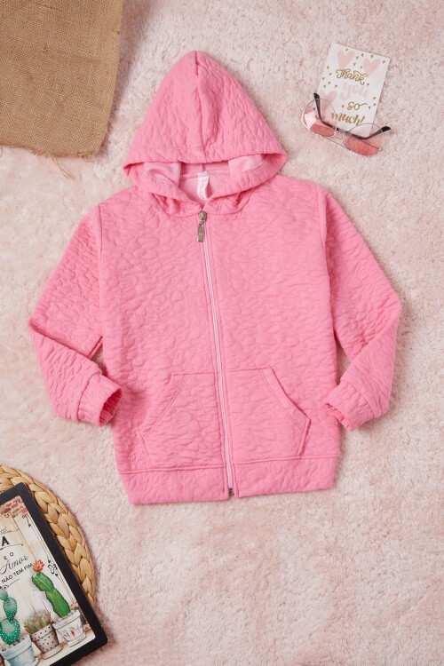 Koyu Pembe Kız Çocuk Kapitone Desenli Kapüşonlu Fermuarlı Hırka 16603