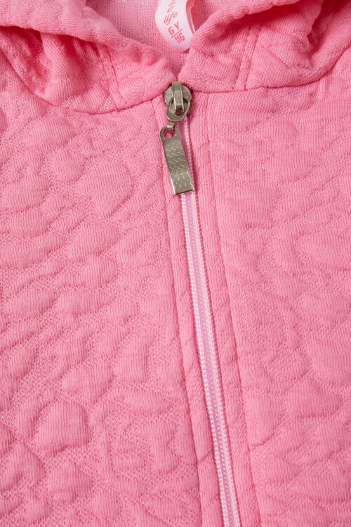 Koyu Pembe Kız Çocuk Kapitone Desenli Kapüşonlu Fermuarlı Hırka 16603