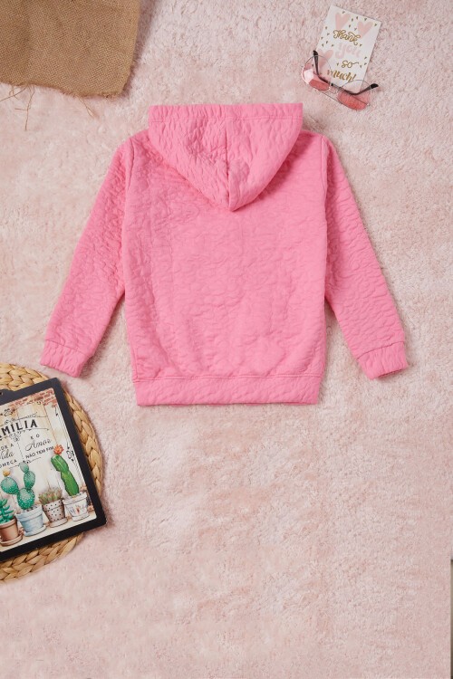 Koyu Pembe Kız Çocuk Kapitone Desenli Kapüşonlu Fermuarlı Hırka 16603