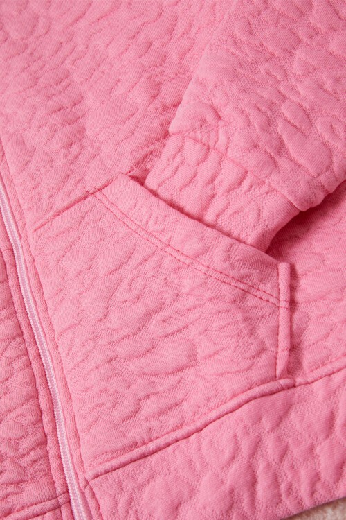 Koyu Pembe Kız Çocuk Kapitone Desenli Kapüşonlu Fermuarlı Hırka 16603