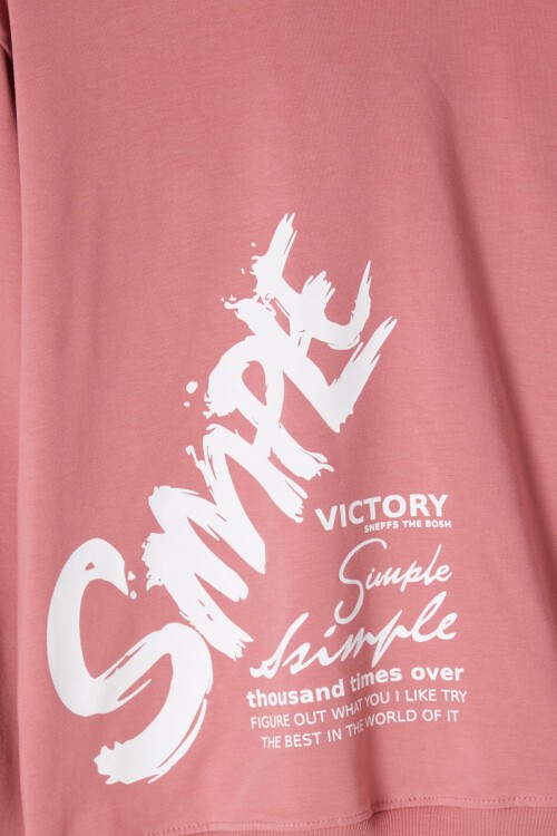 Koyu Pembe Simple Yazı Baskı Kapüşonlu Kız Sweatshirt 16598