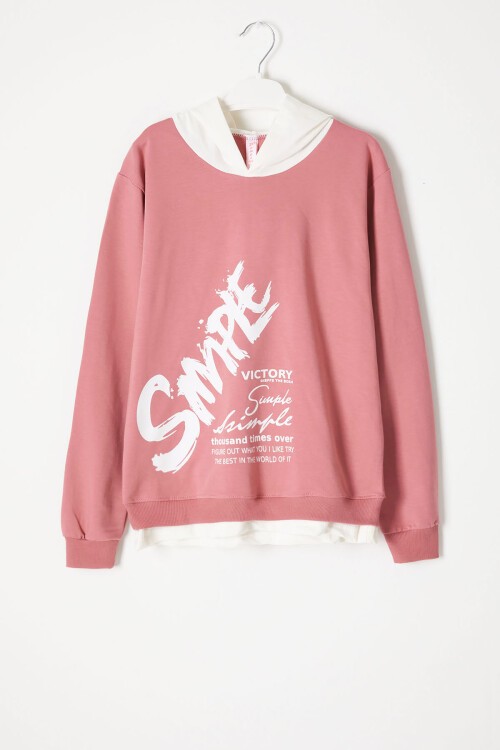 Koyu Pembe Simple Yazı Baskı Kapüşonlu Kız Sweatshirt 16598