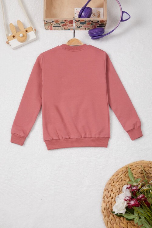 Koyu Pembe Tavşan Nakışlı Yazılı Kız Çocuk Sweatshirt 16944