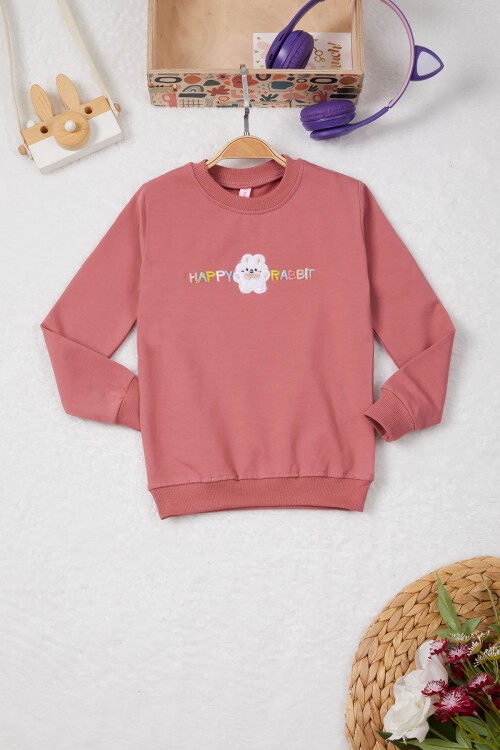 Koyu Pembe Tavşan Nakışlı Yazılı Kız Çocuk Sweatshirt 16944