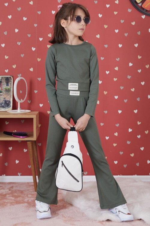 Koyu Yeşil Fitilli İspanyol Paça Kız Çocuk Crop Takım 17262