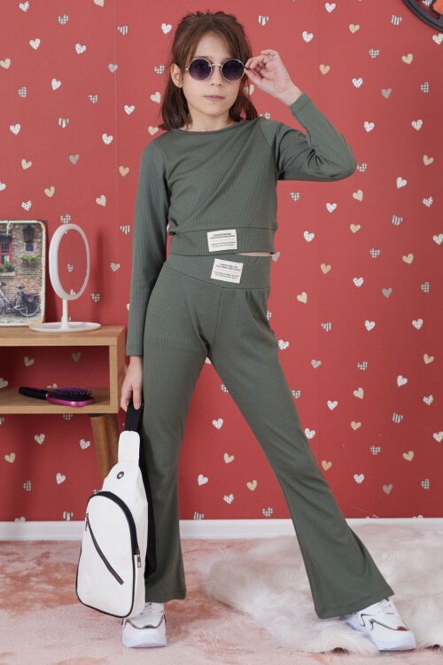 Koyu Yeşil Fitilli İspanyol Paça Kız Çocuk Crop Takım 17262