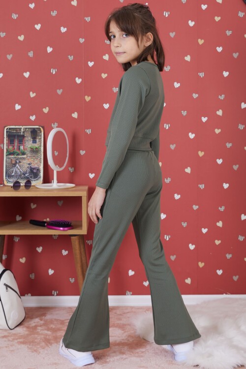 Koyu Yeşil Fitilli İspanyol Paça Kız Çocuk Crop Takım 17262