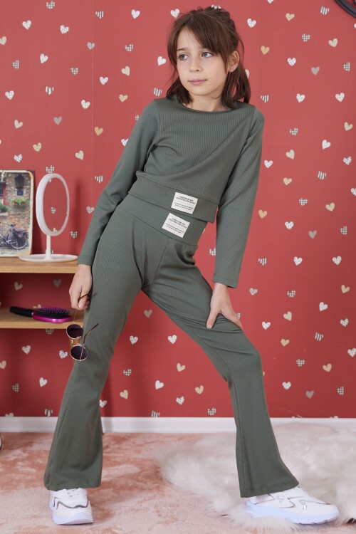 Koyu Yeşil Fitilli İspanyol Paça Kız Çocuk Crop Takım 17262