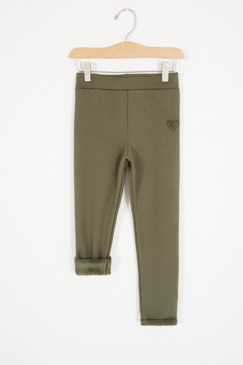 Koyu Yeşil Kalp Nakışlı İçi Peluş Kız Çocuk Tayt 17094