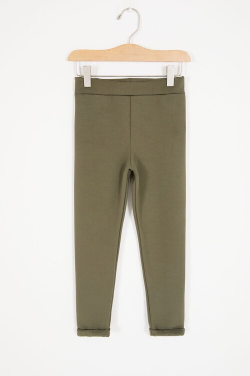 Koyu Yeşil Kalp Nakışlı İçi Peluş Kız Çocuk Tayt 17094