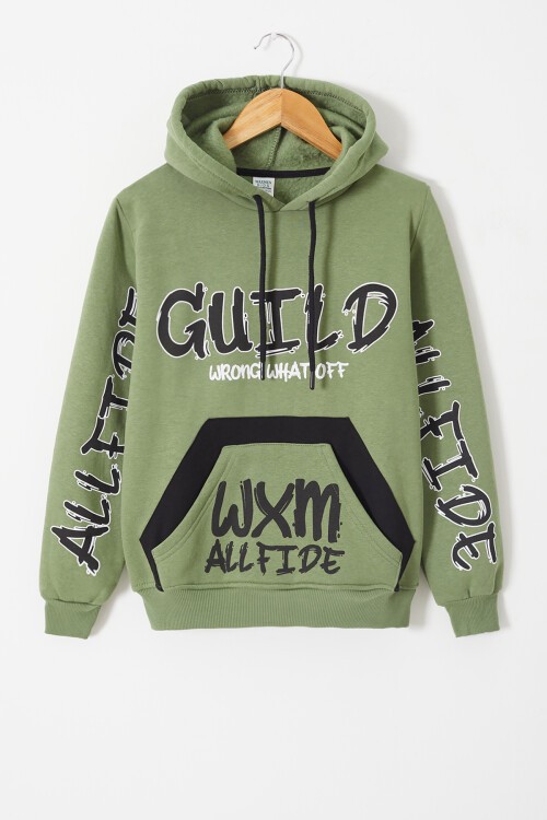Koyu Yeşil Yazı Baskılı Polarlı Erkek Çocuk Kapüşonlu Sweatshirt 17178
