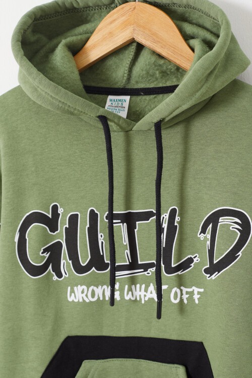 Koyu Yeşil Yazı Baskılı Polarlı Erkek Çocuk Kapüşonlu Sweatshirt 17178
