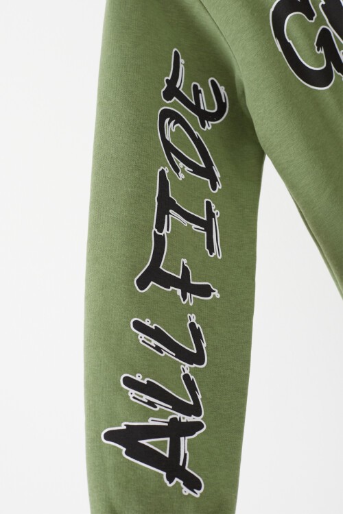 Koyu Yeşil Yazı Baskılı Polarlı Erkek Çocuk Kapüşonlu Sweatshirt 17178