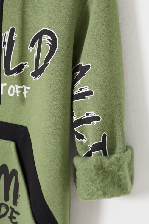 Koyu Yeşil Yazı Baskılı Polarlı Erkek Çocuk Kapüşonlu Sweatshirt 17178