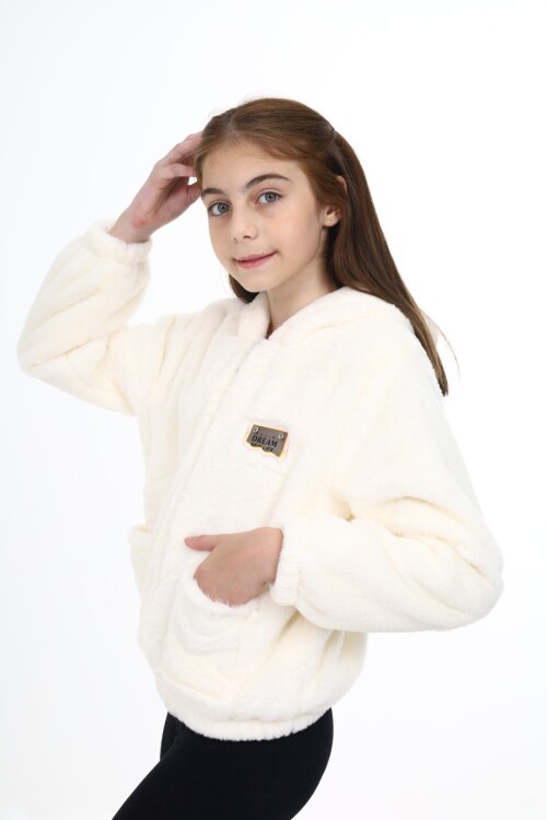 Krem Armalı Kapüşonlu Kız Peluş Mont 16775