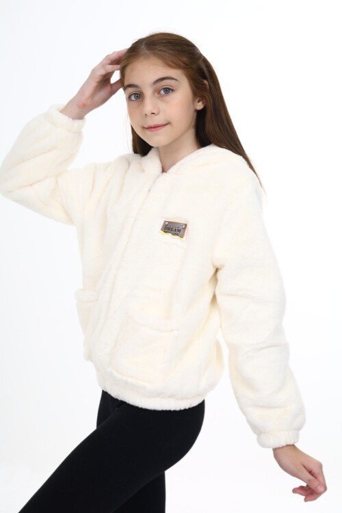 Krem Armalı Kapüşonlu Kız Peluş Mont 16775