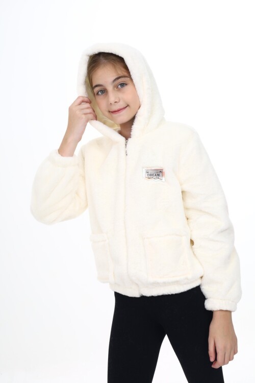 Krem Armalı Kapüşonlu Kız Peluş Mont 16775