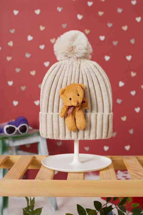 Krem Ayıcık Detaylı Ponponlu Çocuk Bere 17221