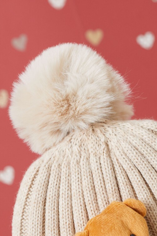 Krem Ayıcık Detaylı Ponponlu Çocuk Bere 17221