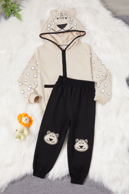 Krem Ayıcık Nakışlı Kapşonlu Hırkalı Erkek Bebek Takımı 16627