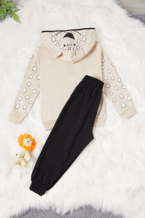 Krem Ayıcık Nakışlı Kapşonlu Hırkalı Erkek Bebek Takımı 16627