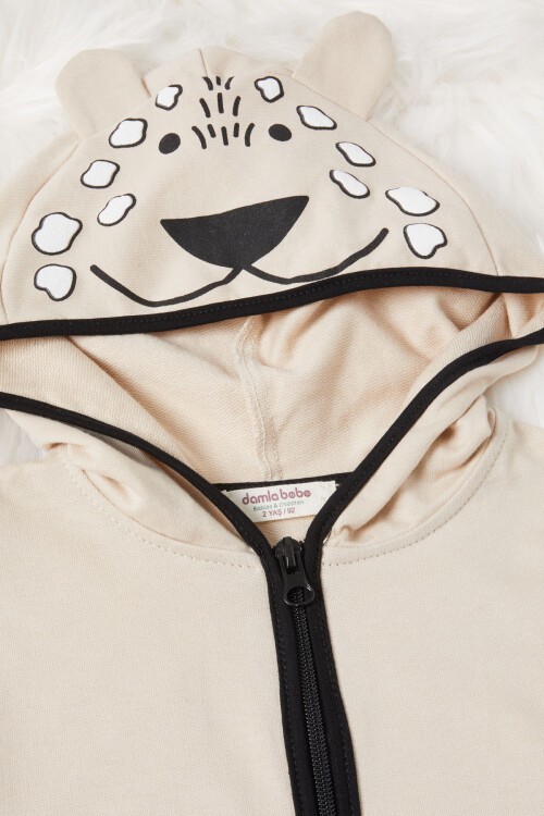 Krem Ayıcık Nakışlı Kapşonlu Hırkalı Erkek Bebek Takımı 16627