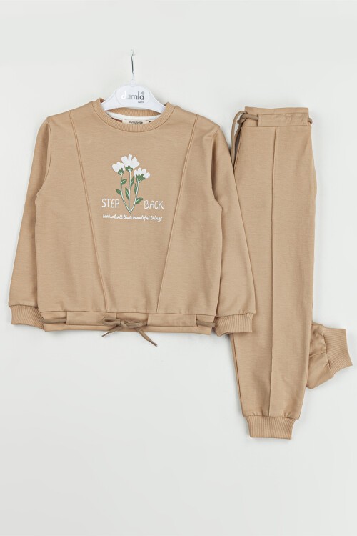 Krem Çiçek Baskılı Kız Çocuk Takım 16678